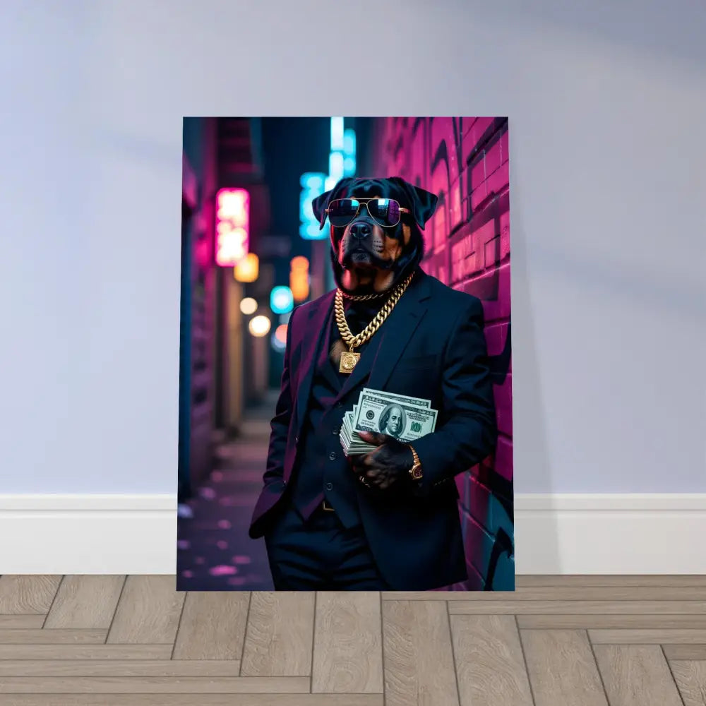 Rottweiler in suit holding cash on Aluminum Print Kingpin K9 PixiOnyx Urban Alloy