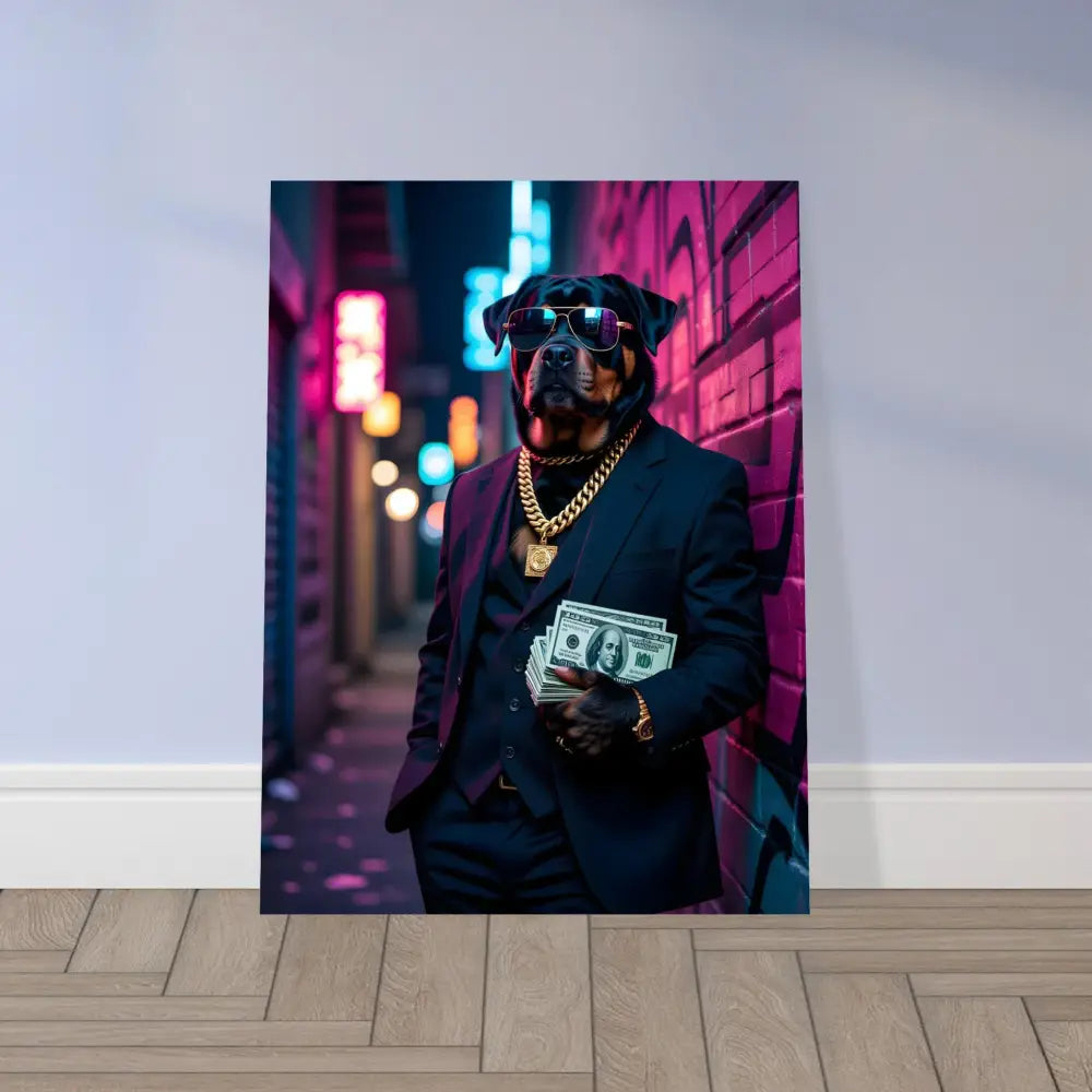 Rottweiler in suit holding money on Aluminum Print Kingpin K9 PixiOnyx Urban Alloy