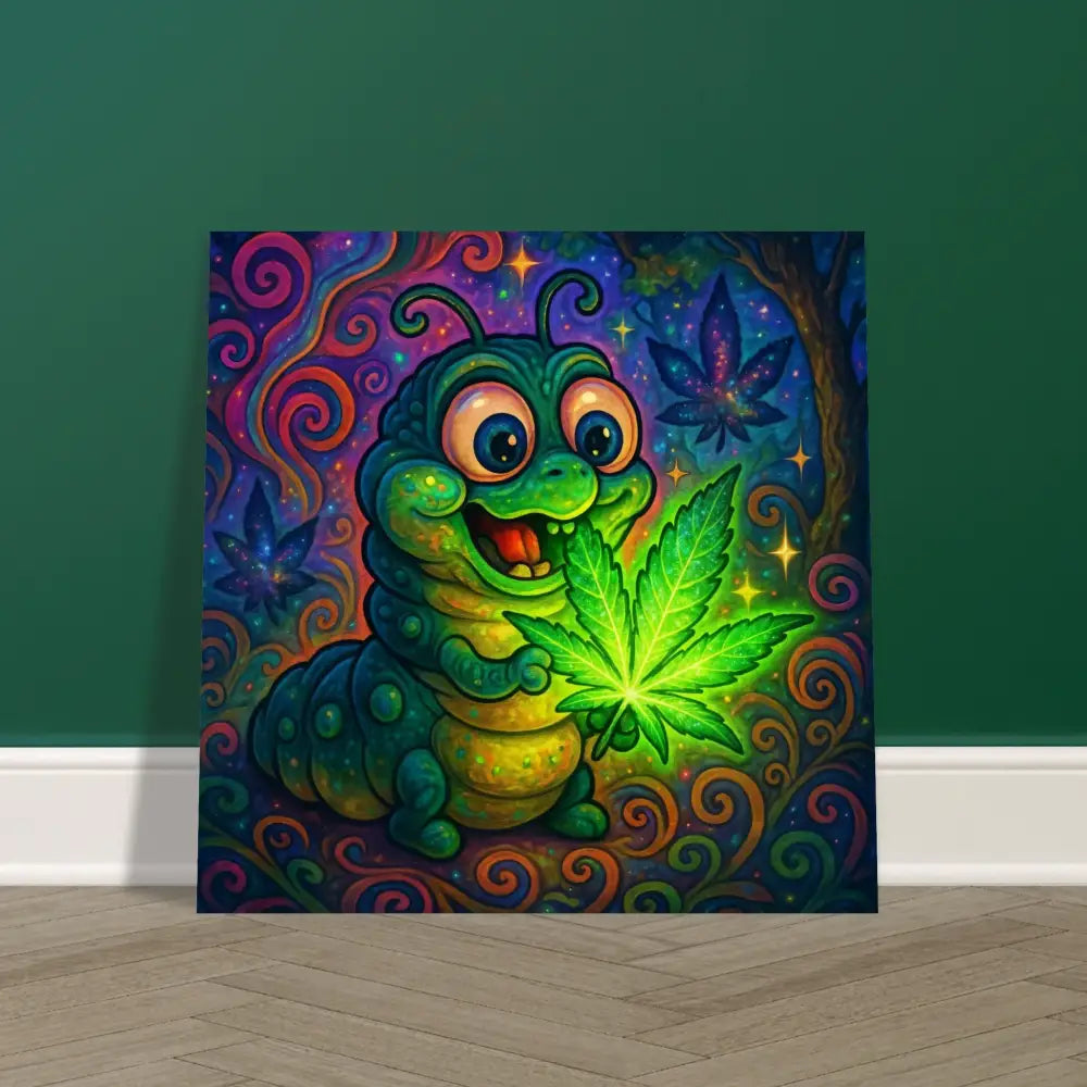 Cartoon caterpillar holding a glowing cannabis leaf on aluminum print by PixiOnyx
