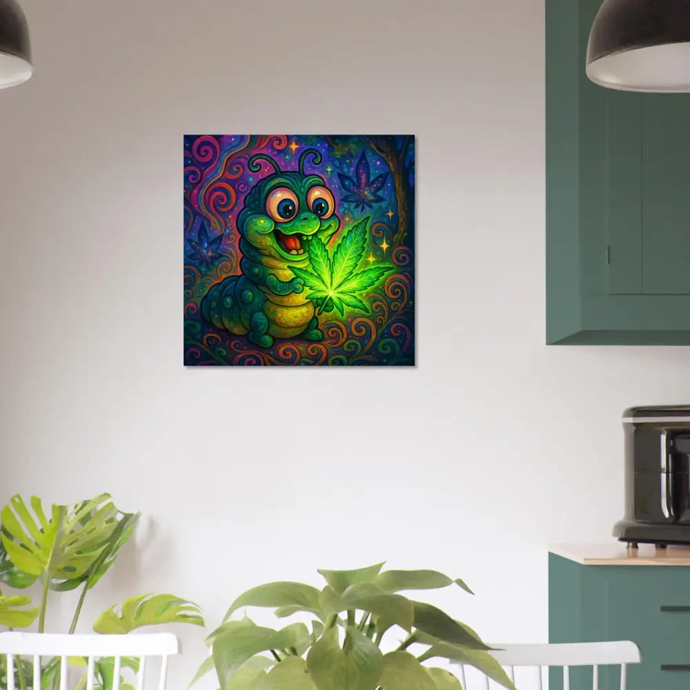 Cartoon caterpillar holding a glowing marijuana leaf on metal Aluminum Print by PixiOnyx