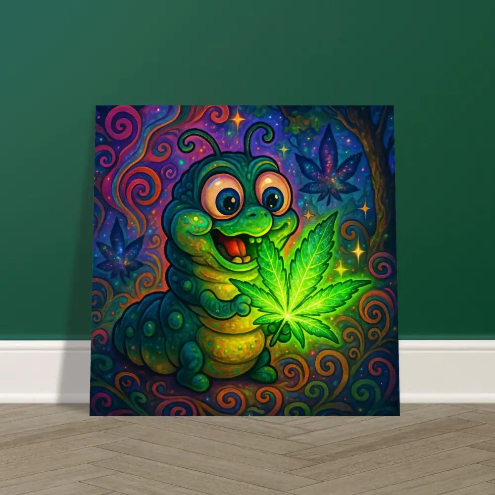 Cartoon caterpillar holding glowing cannabis leaf on metal Aluminum Print Leaf Me Alone Vibin