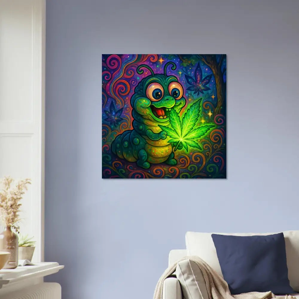 Cartoon caterpillar holding marijuana leaf on Aluminum Print Leaf Me Alone by PixiOnyx