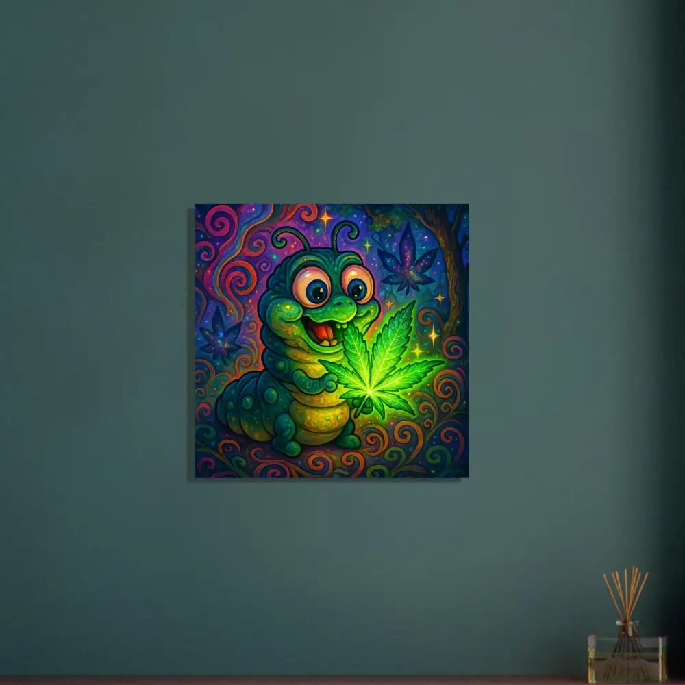 Cartoon caterpillar holding glowing cannabis leaf on metal aluminum print by PixiOnyx