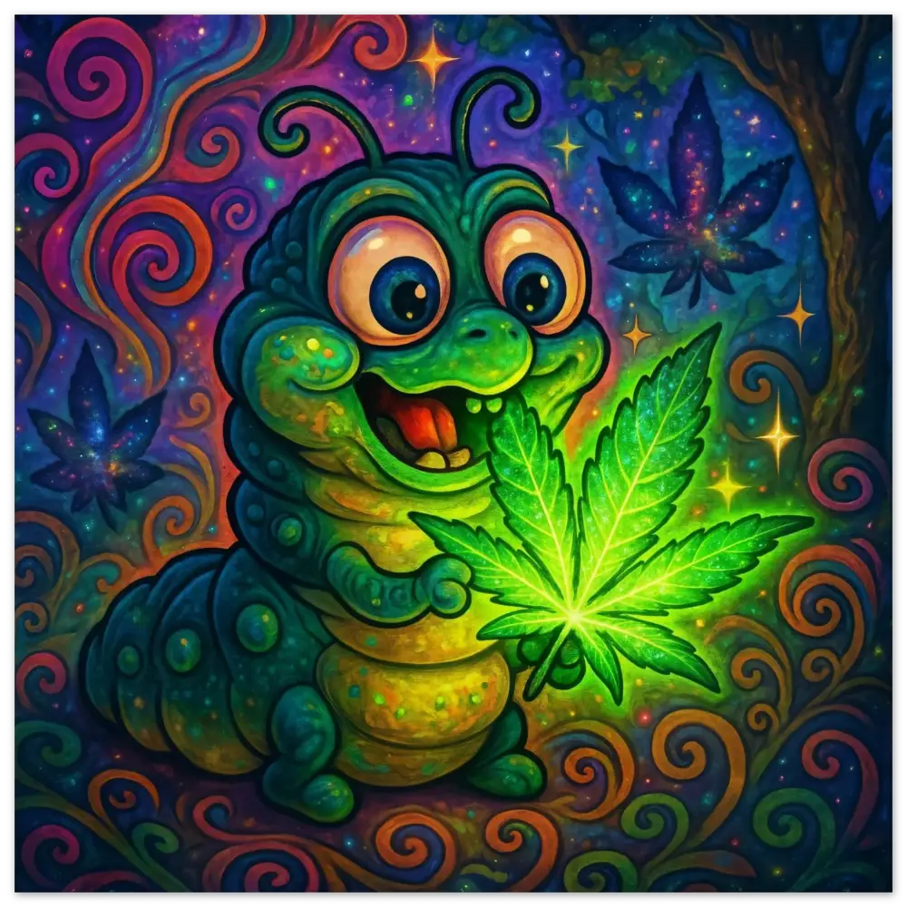 Cartoon caterpillar holding a glowing cannabis leaf on psychedelic metal Aluminum Print by PixiOnyx