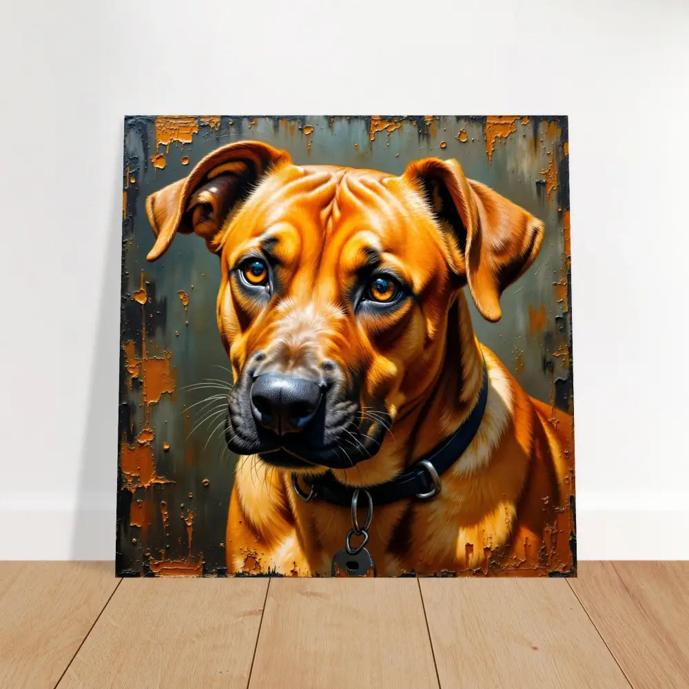 Vibrant metallic print captures strength meets sentiment in a sad-looking tan dog painting