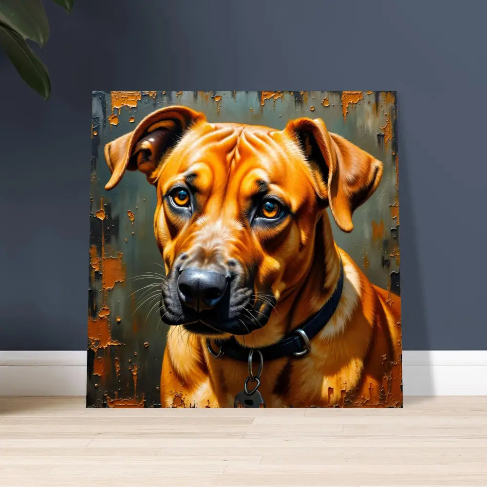 Striking metallic print of a sad-looking tan dog with a black collar captures strength meets sentiment