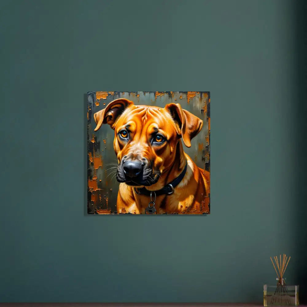 Rhodesian Ridgeback portrait on rustic metal canvas showcasing strength meets sentiment in a striking metallic print