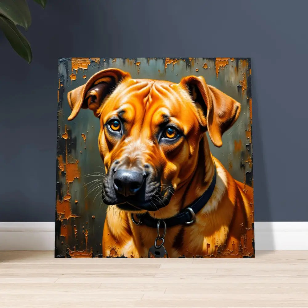 Rhodesian Ridgeback portrait on rustic canvas in a striking metallic print captures strength meets sentiment
