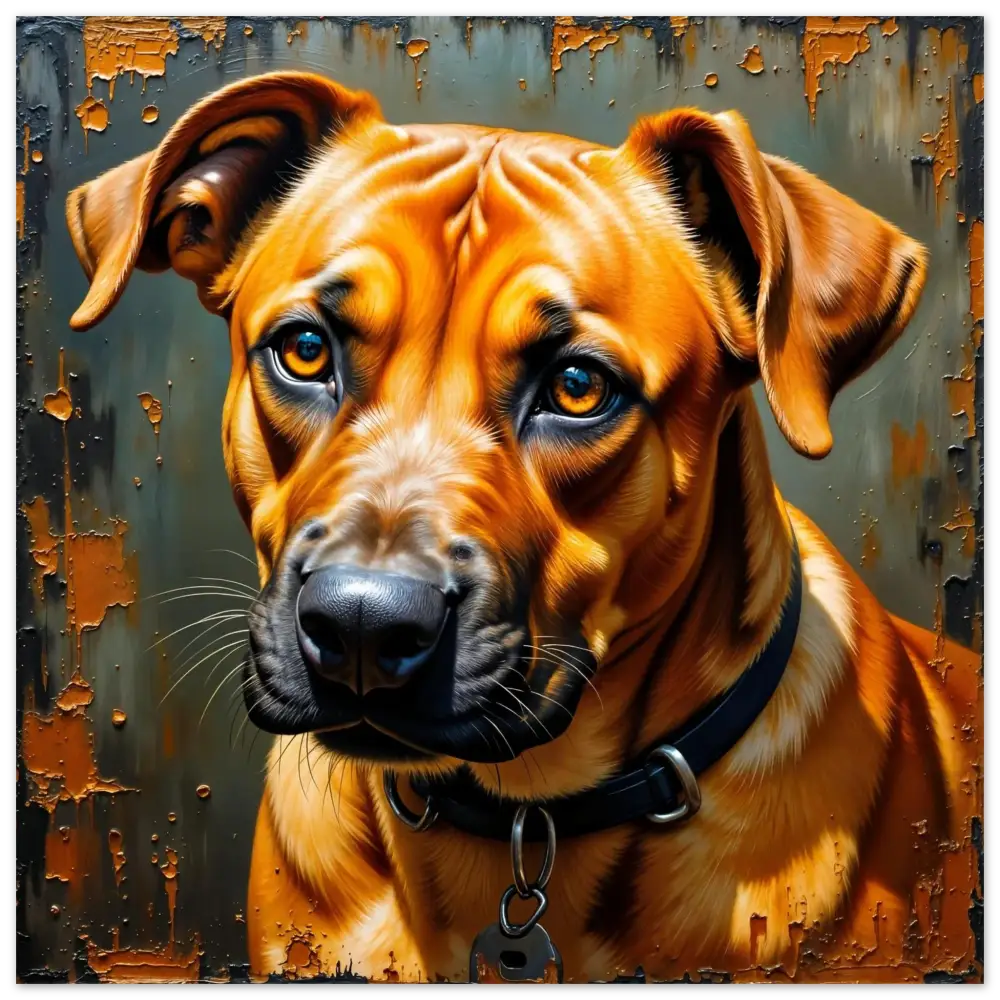 Striking metallic print captures a brown and tan dog with floppy ears and a black collar