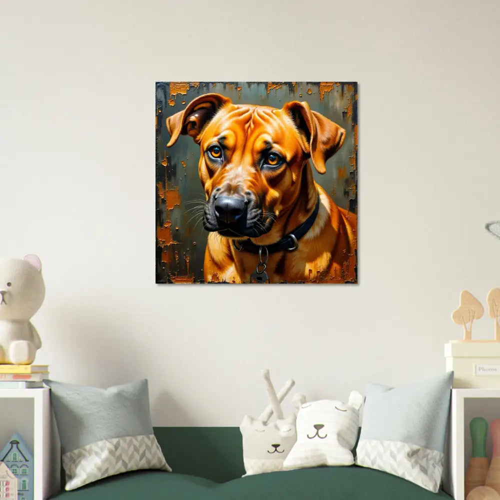 Striking metallic print captures Rhodesian Ridgeback dog with black collar against textured background