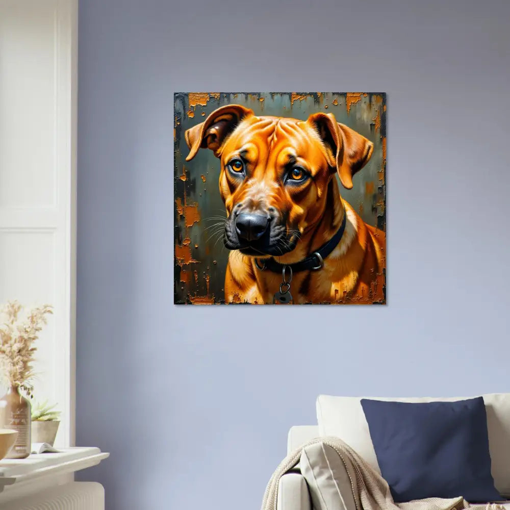 Vibrant oil painting of a brown dog with black collar on striking metallic print captures strength meets sentiment