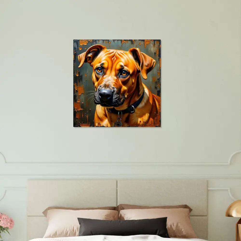 Striking metallic print of a sad-looking brown dog with a black collar captures strength meets sentiment