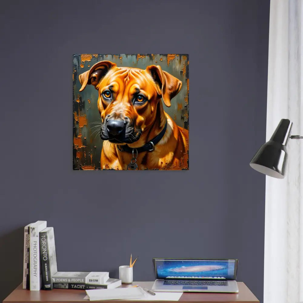 Striking metallic print captures a brown dog with dark collar from Loyal Gaze collection