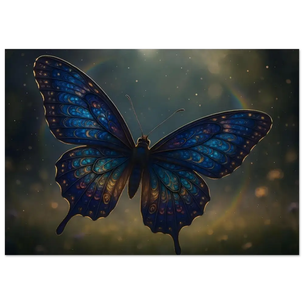 Intricate blue butterfly with iridescent patterns on Aluminum Print Luminara Ascend by PixiOnyx