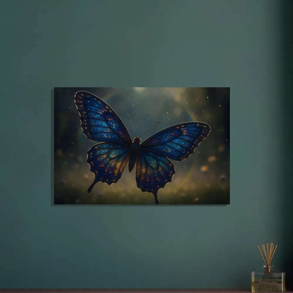 Blue butterfly wall art aluminum print for Natural-inspired home decor by PixiOnyx