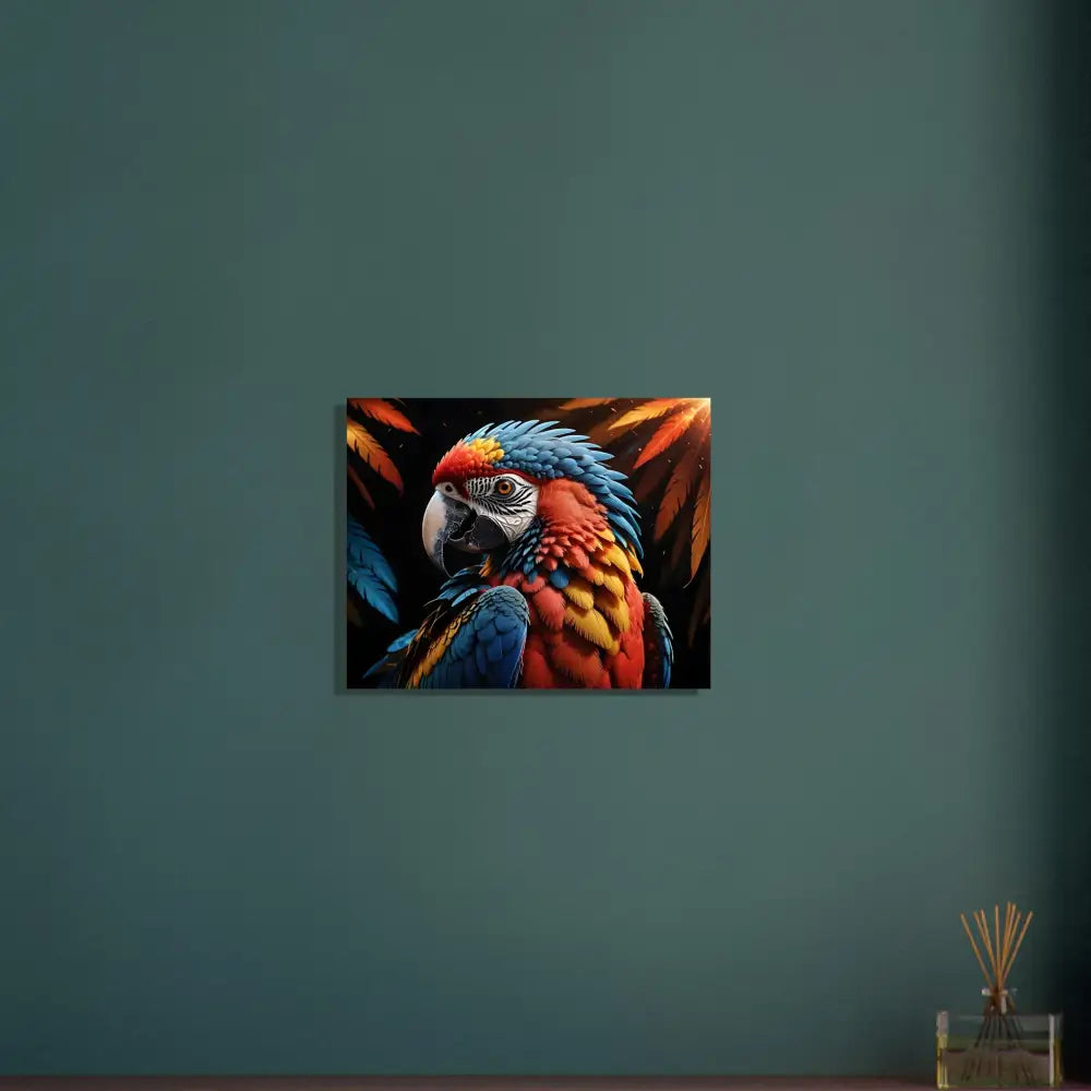 Vibrant colorful parrot art on aluminum print Macaw Ascendant by PixiOnyx Nature Alloy