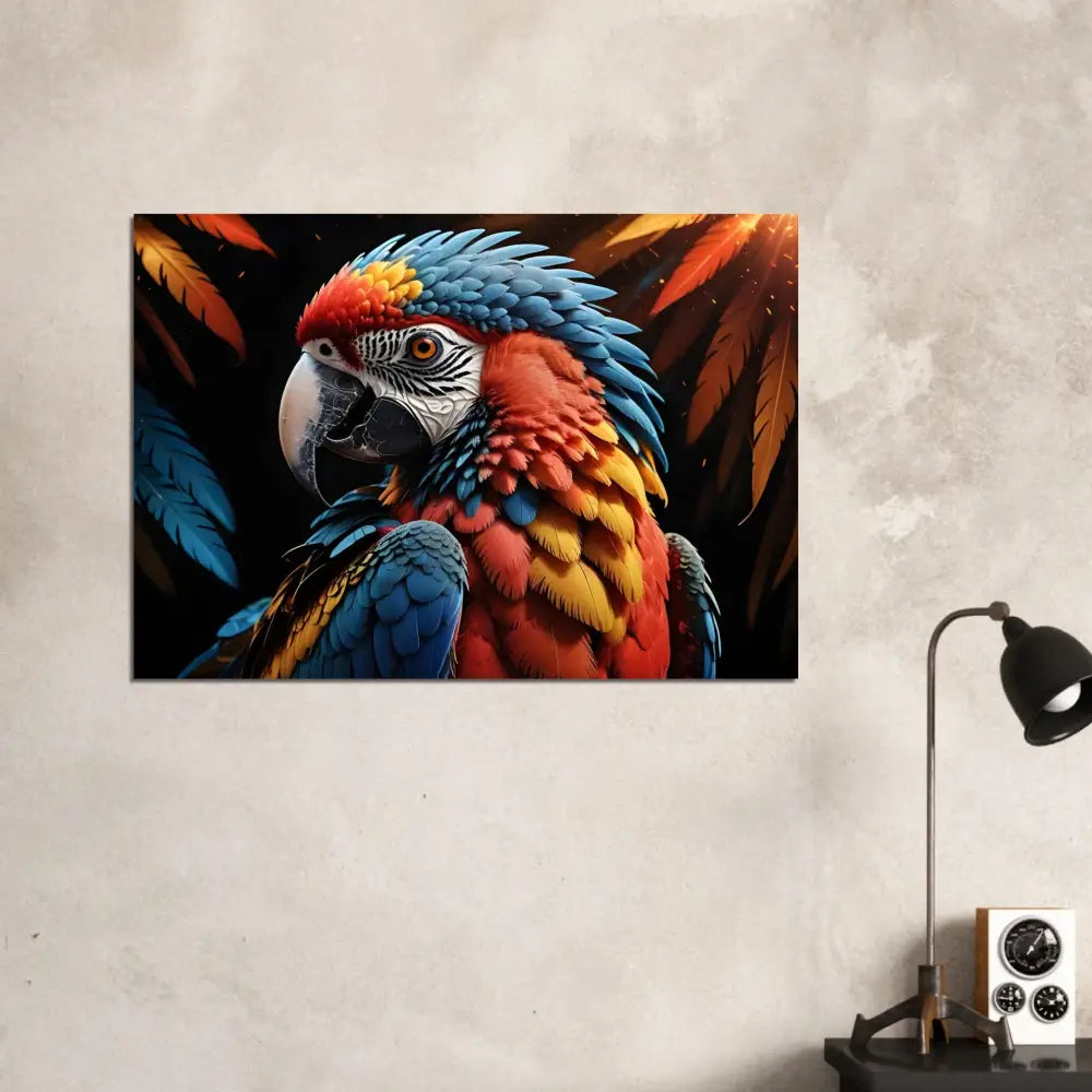 Colorful parrot art print on Aluminum Print Macaw Ascendant by PixiOnyx Nature Alloy