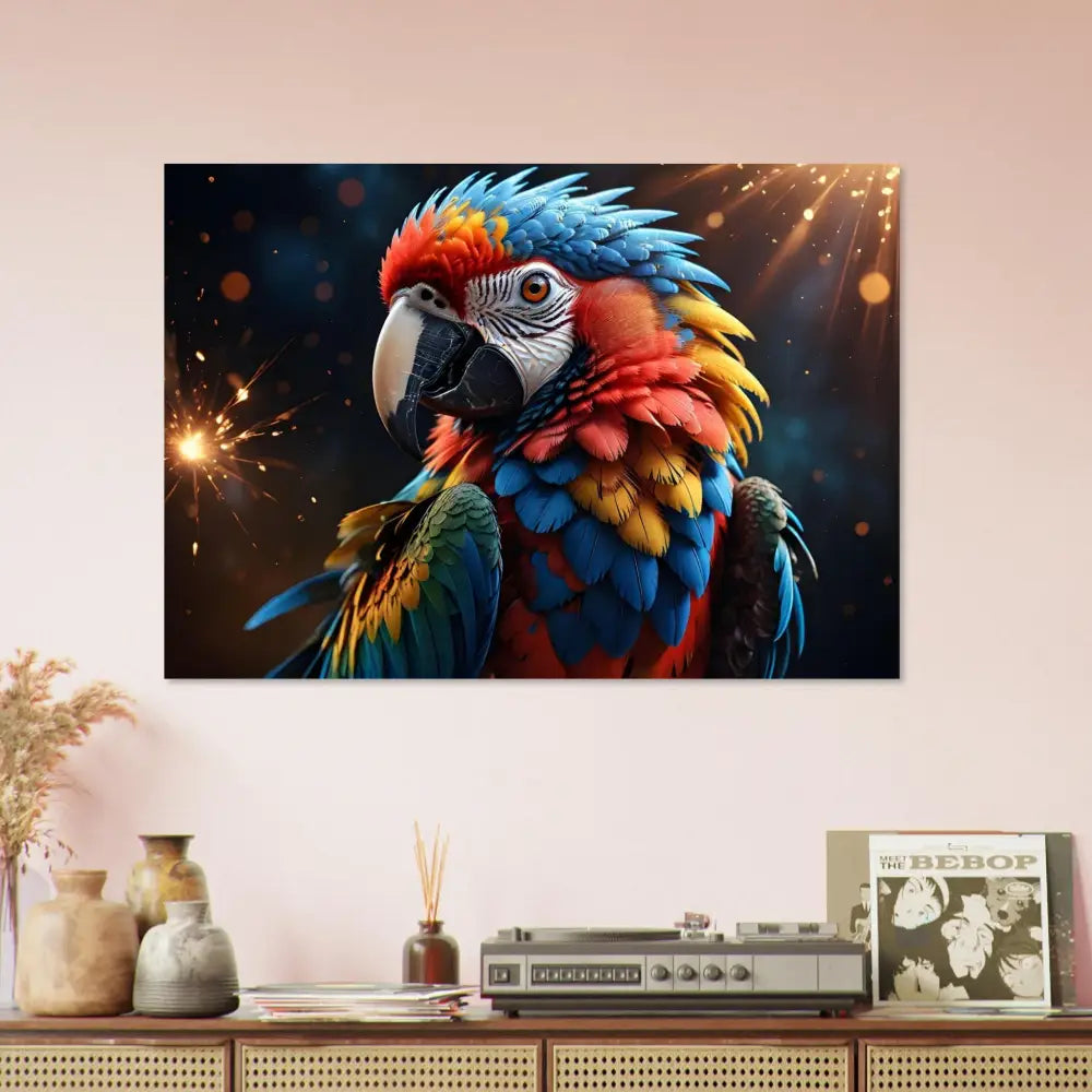 Vibrant colorful parrot wall art aluminum print Macaw Firelight PixiOnyx Metallic jungle scene