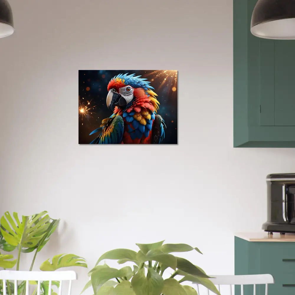 Colorful macaw parrot art print on Aluminum Print Macaw Firelight by PixiOnyx