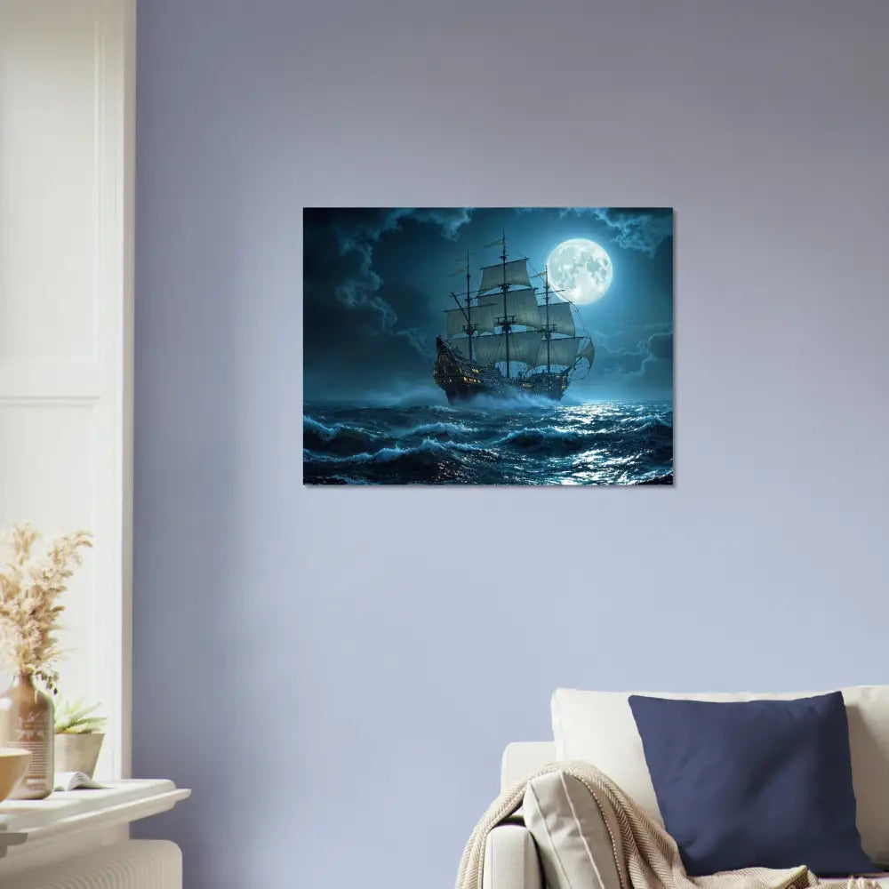 Framed ship painting displayed on Aluminum Print Moonlit Majesty PixiOnyx Glimmersteel Edition