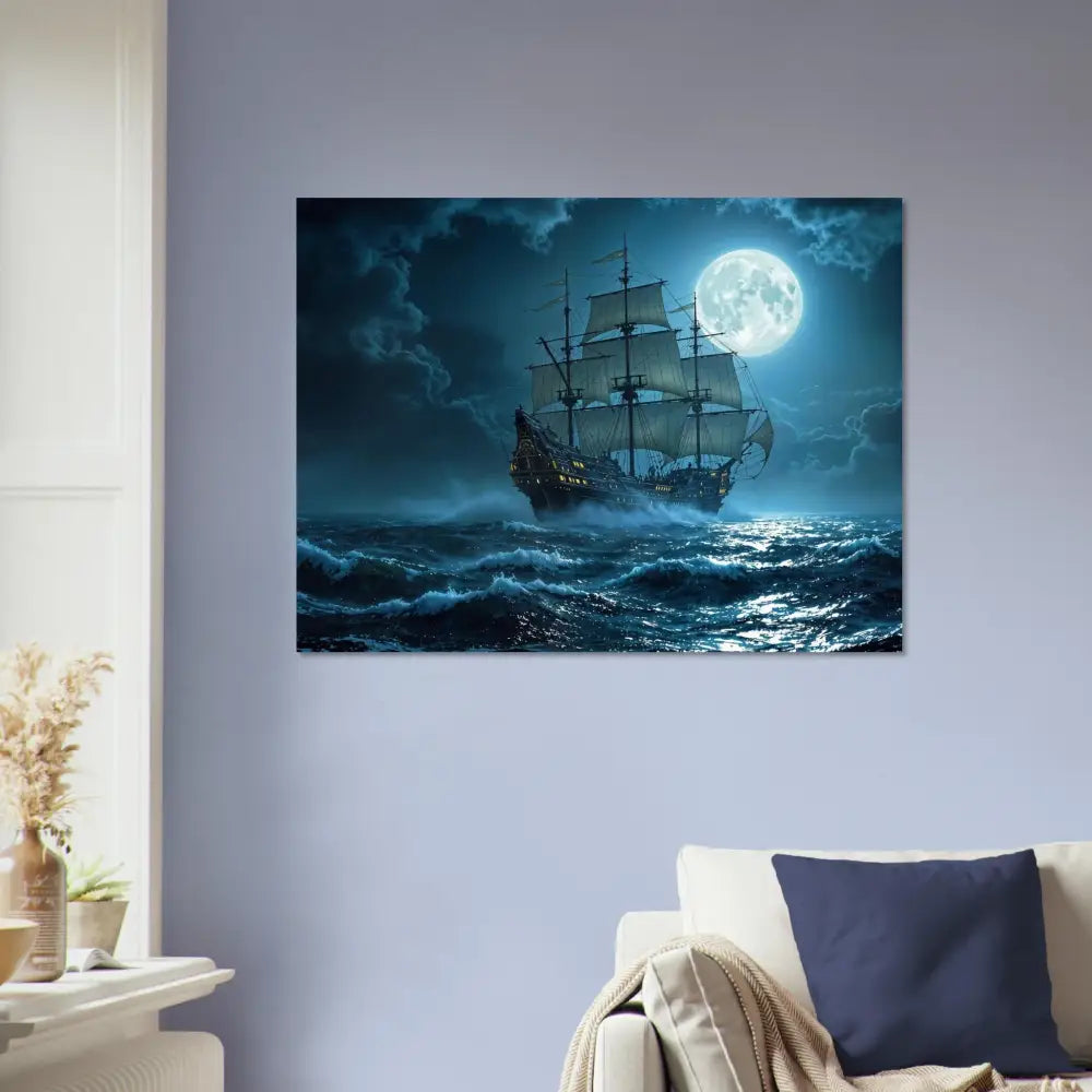 Dramatic moonlit sailing ship aluminum print displayed in PixiOnyx Glimmersteel Edition