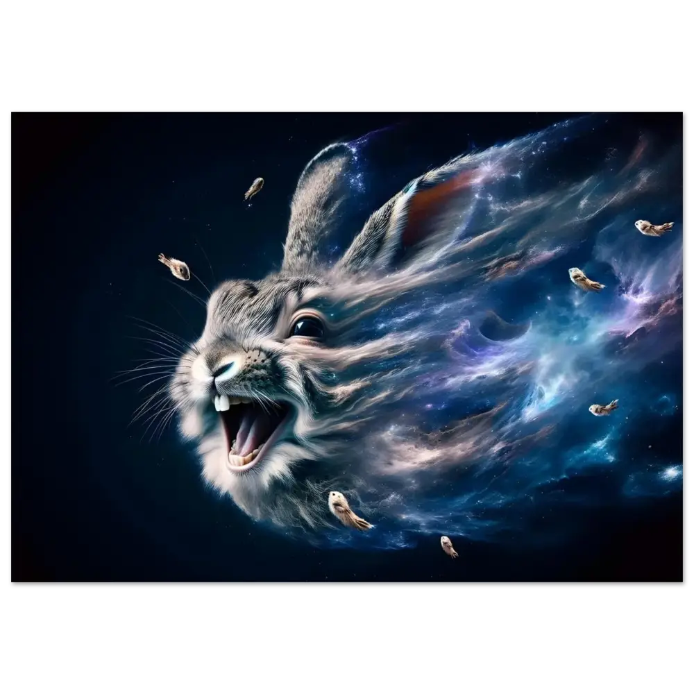 Cosmic rabbit head aluminum print from Nebula Howl Psycho Cottontail Quartet PixiOnyx