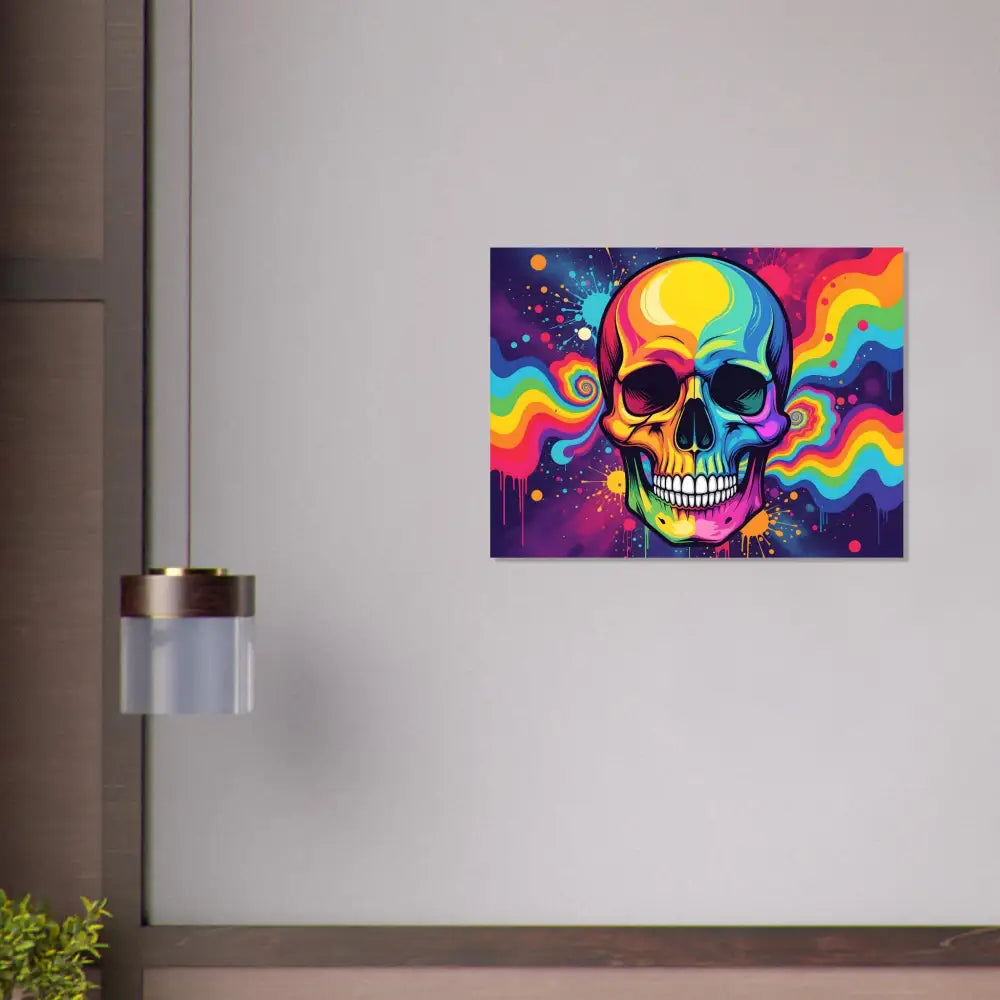 Colorful neon psychedelic skull aluminum print artwork displayed on PixiOnyx metal art wall