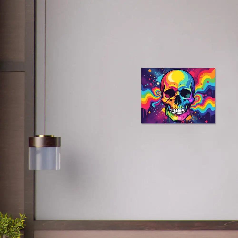 Colorful psychedelic skull aluminum print art on metallic display wall decor