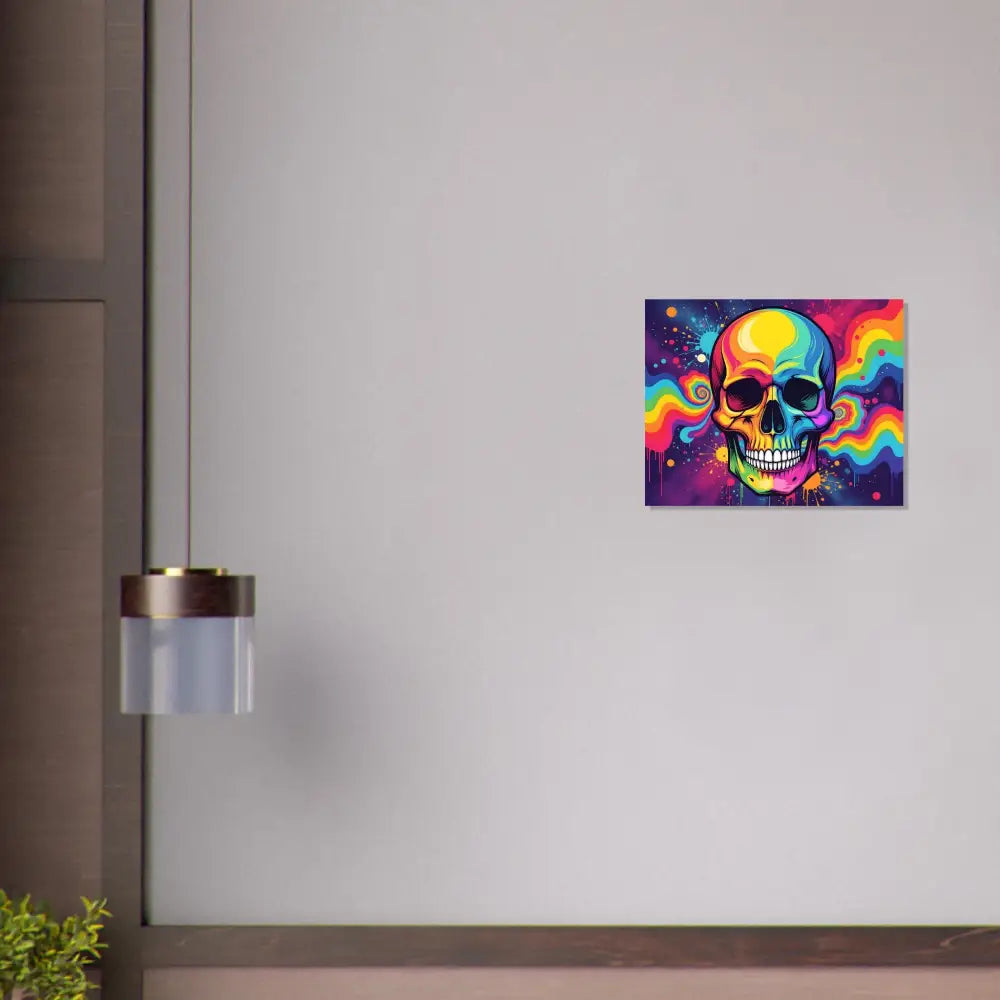 Colorful neon psychedelic skull artwork on aluminum print by PixiOnyx Metal Art