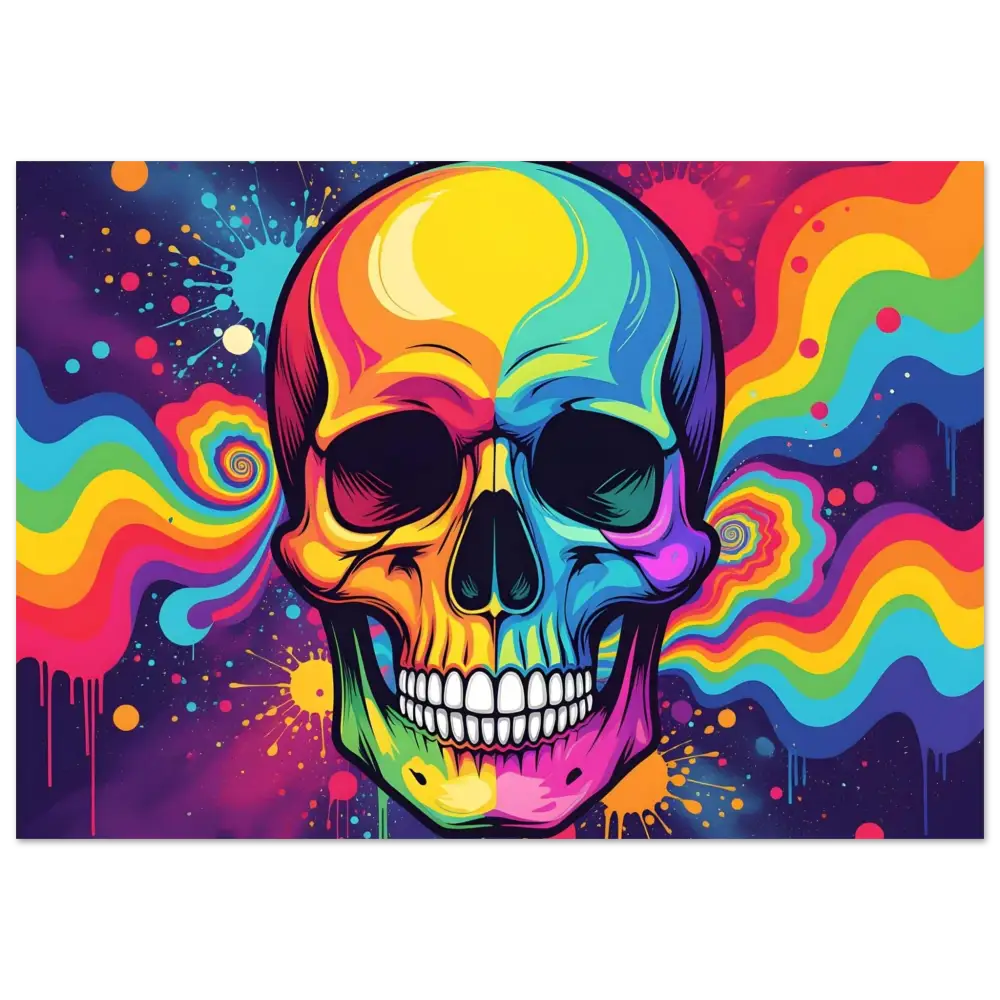 Colorful psychedelic skull aluminum print for modern neon psychedelic wall art display