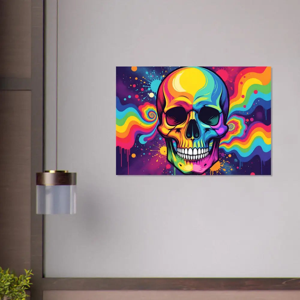 Colorful neon psychedelic skull artwork on aluminum print display by PixiOnyx