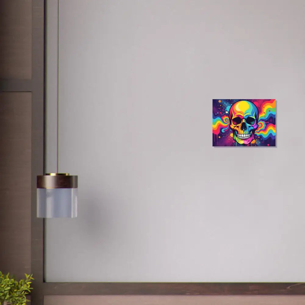Colorful psychedelic skull artwork on aluminum print for vibrant metal wall decor
