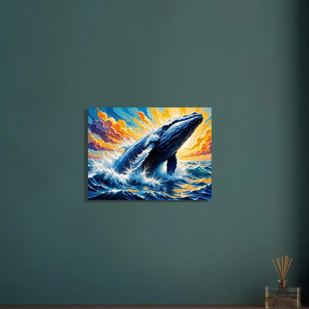 Vibrant whale breaching ocean king explodes on premium aluminum sheets for floating wall mount