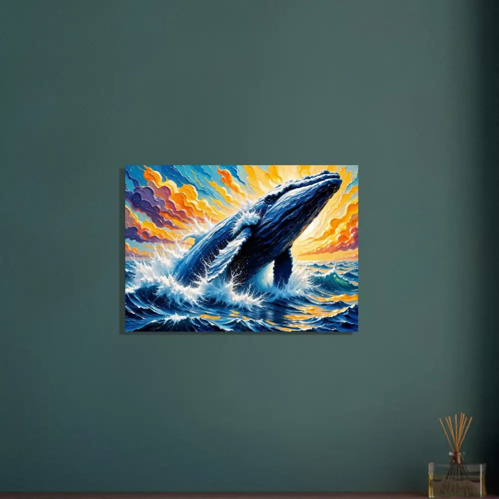 Vibrant canvas print of a breaching whale on premium aluminum sheets with floating wall mount for Ocean King explodes decor