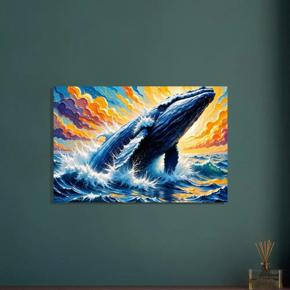Vibrant Aluminum Print Ocean King explodes blue whale breaching on premium aluminum sheets with floating wall mount