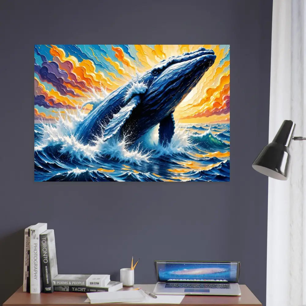 Vibrant impressionistic whale breaching on Aluminum Print Ocean King explodes on premium aluminum sheets with floating wall mount