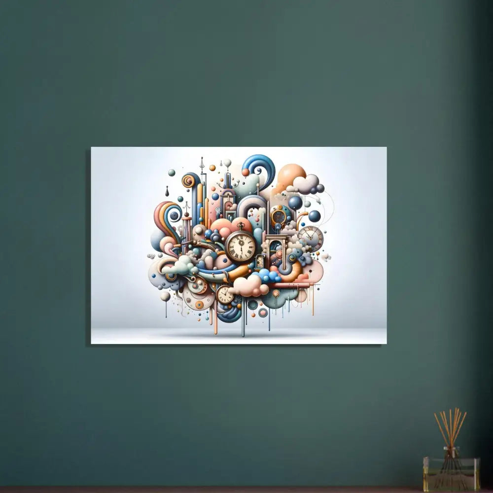 Colorful whimsical clockwork art on Modern Surreal Aluminum Print titled Pastel Mechanica