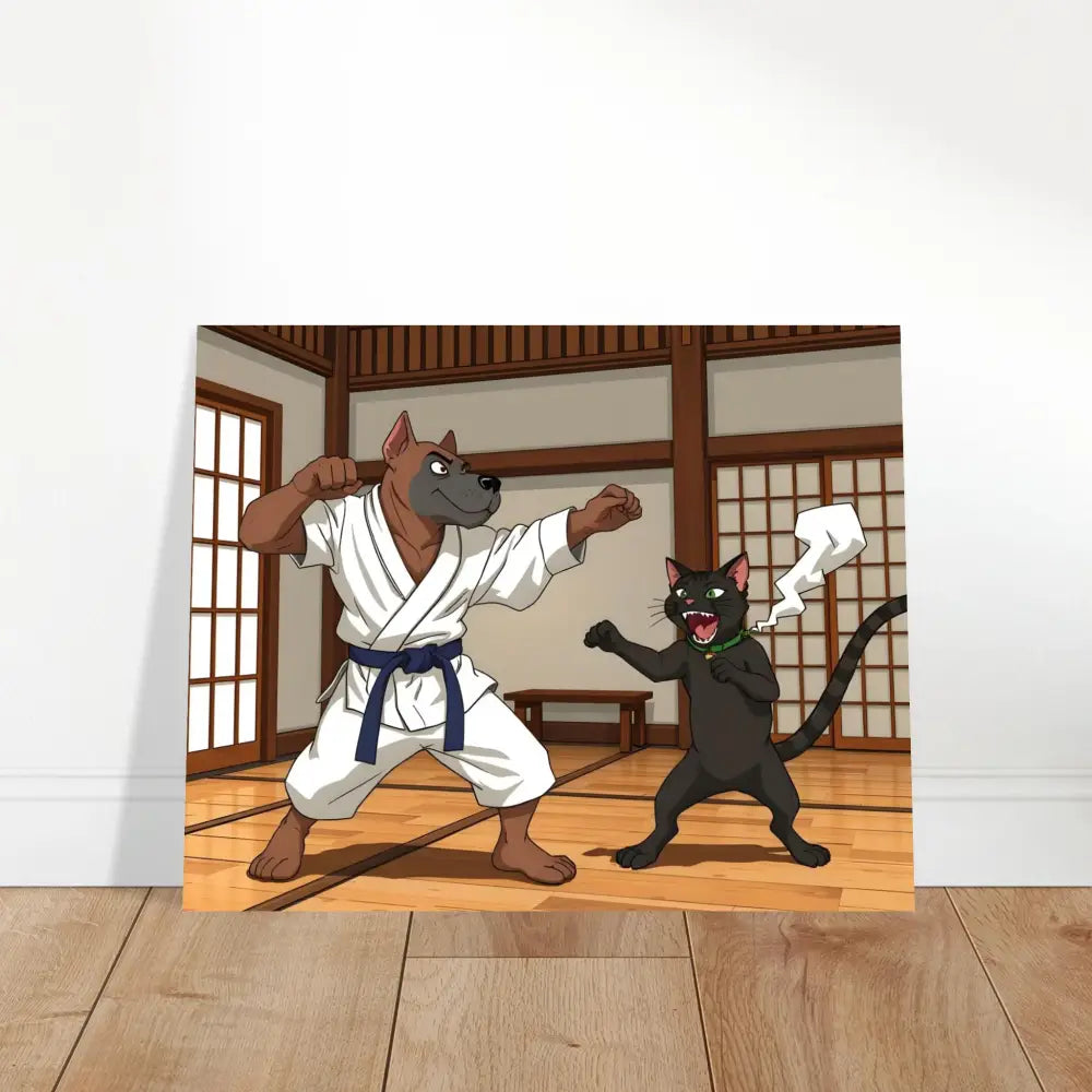 Cartoon Karate dog and cat aluminum print for Paws of Fury martial art display