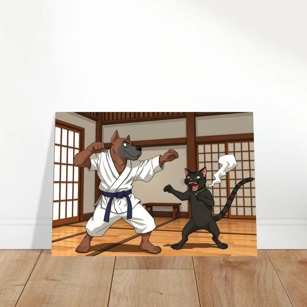 Cartoon karate dog and cat aluminum print featuring Paws of Fury Martial Mayhem
