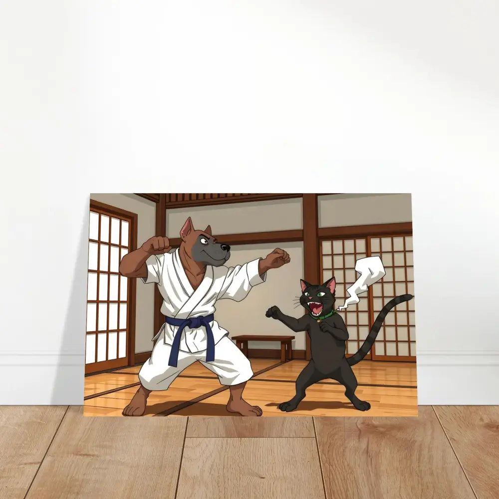 Cartoon karate dog and cat aluminum print from Paws of Fury martial mayhem collection