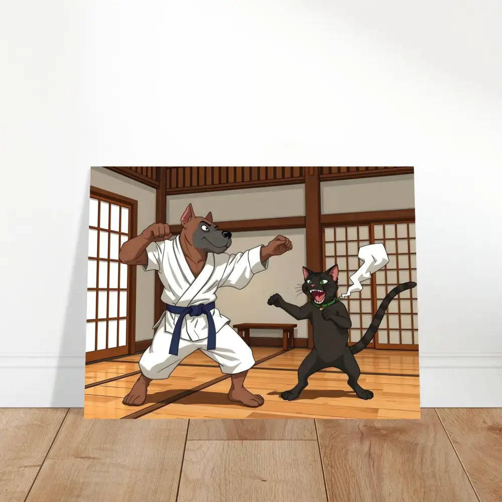 Cartoon karate dog and cat on Aluminum Print Paws of Fury Martial Mayhem PixiOnyx