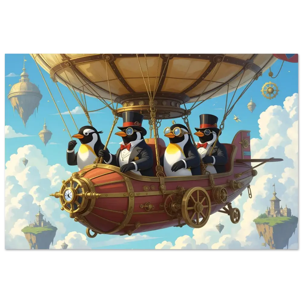 Steampunk penguin airship aluminum print for Penguin Zeppelin Society Sky Voyage Metal Edition