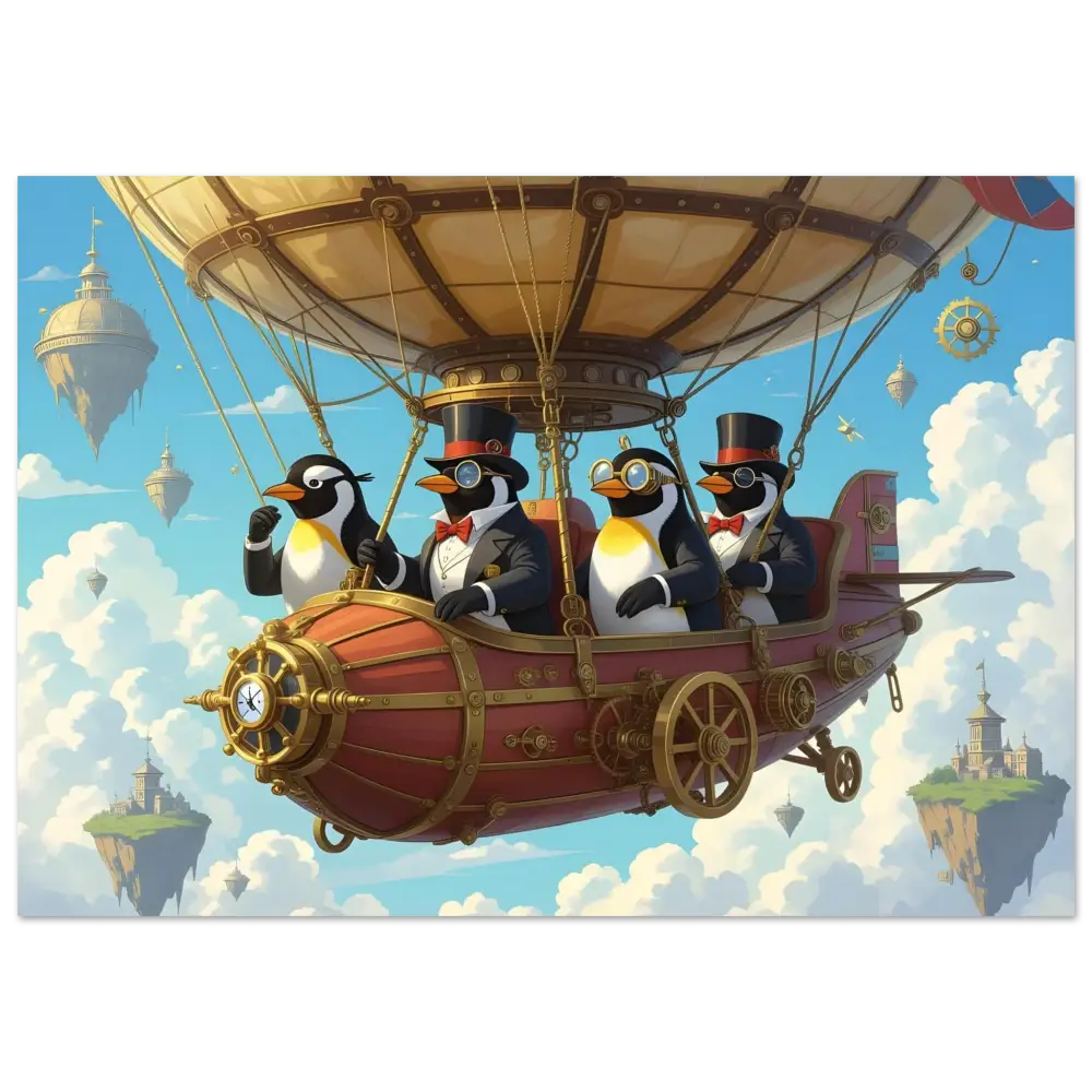 Steampunk penguin airship aluminum print for Penguin Zeppelin Society Sky Voyage Metal Edition
