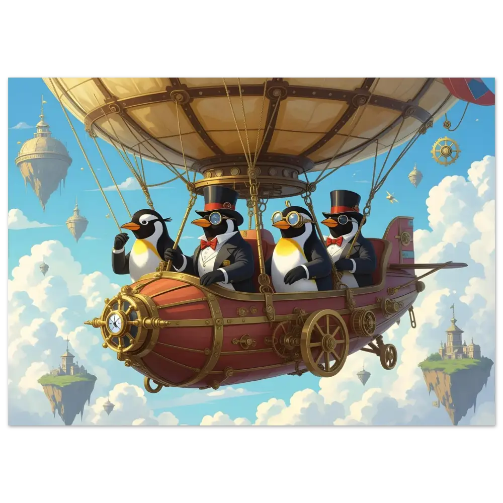 Steampunk penguin airship aluminum print from PixiOnyx Sky Voyage Metal Edition