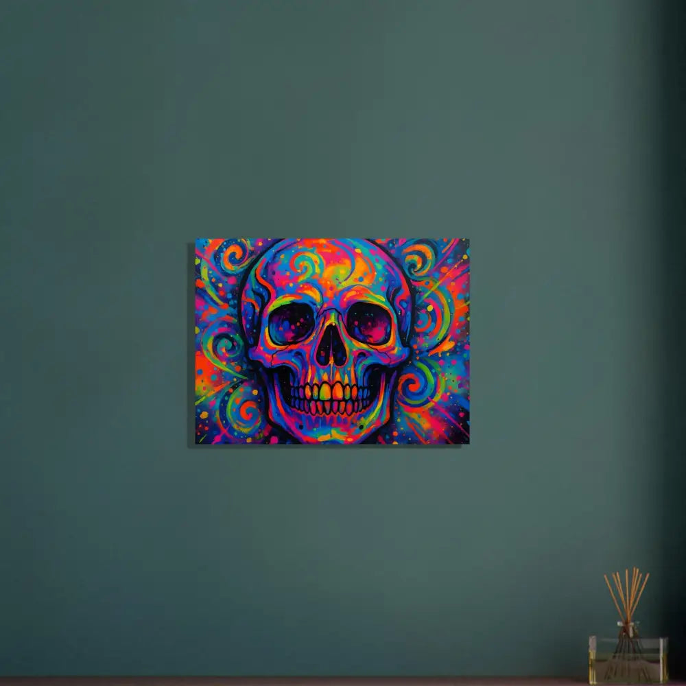 Colorful psychedelic skull art aluminum print displayed in PixiOnyx Metal Cosmos product