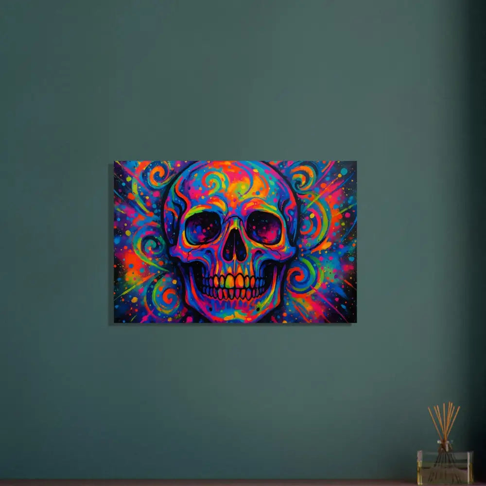 Colorful skull art aluminum print titled Psychedelic Skull Eruption by PixiOnyx Metal Cosmos