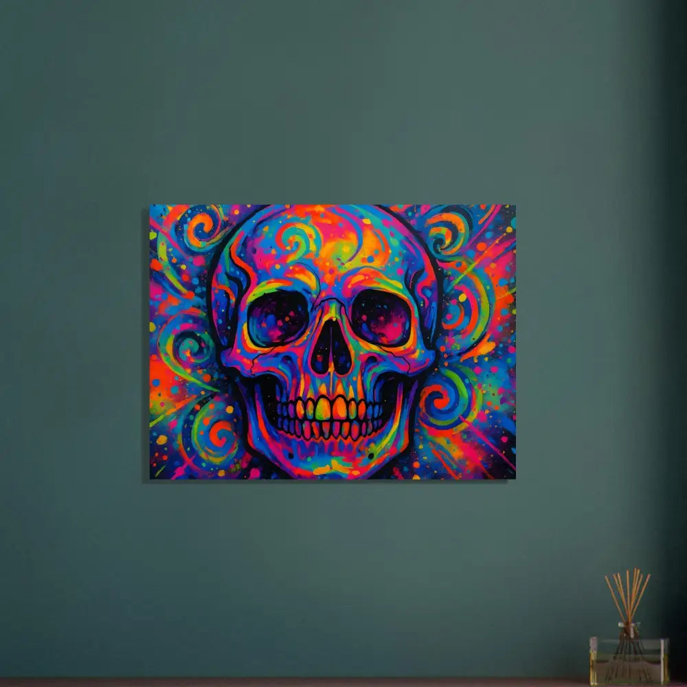 Colorful skull art aluminum print titled Psychedelic Skull Eruption by PixiOnyx Metal Cosmos