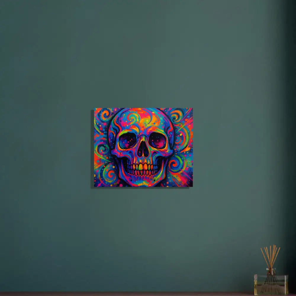 Colorful skull art aluminum print titled Psychedelic Skull Eruption by PixiOnyx Metal Cosmos