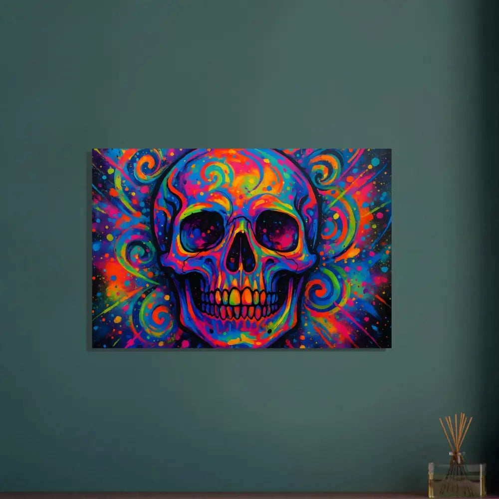 Colorful skull art aluminum print titled Psychedelic Skull Eruption by PixiOnyx Metal Cosmos