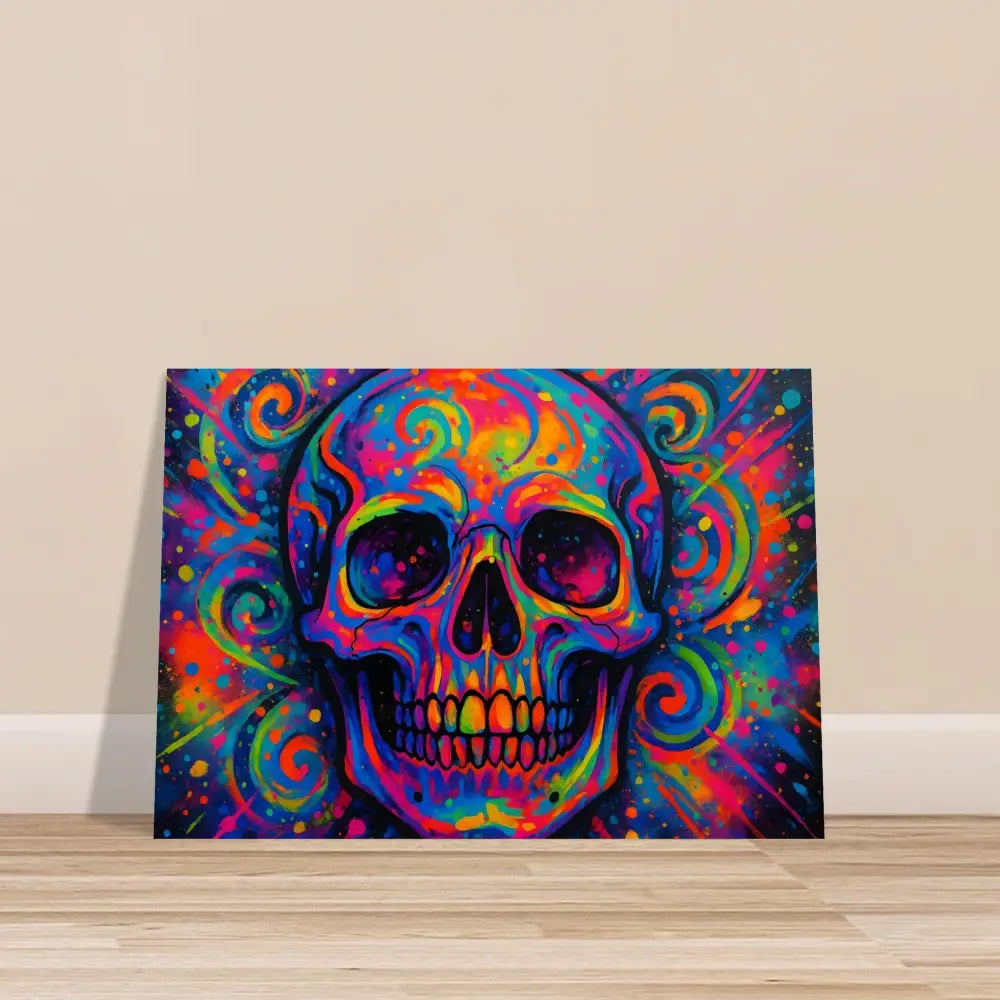 Colorful psychedelic skull painting on aluminum print for cosmic wall decor